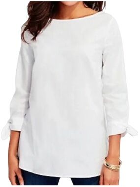 Talbots NEW White Cotton Poplin Tie Cuff Top Womens S Boatneck Preppy Coastal